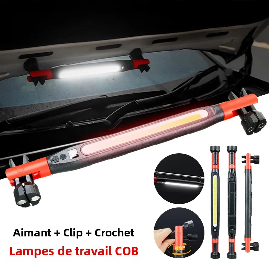 Lampe de travail LED rechargeable à haut lumen pour réparation d'urgence automobile, lampe torche magnétique puissante avec crochets et base magnétique