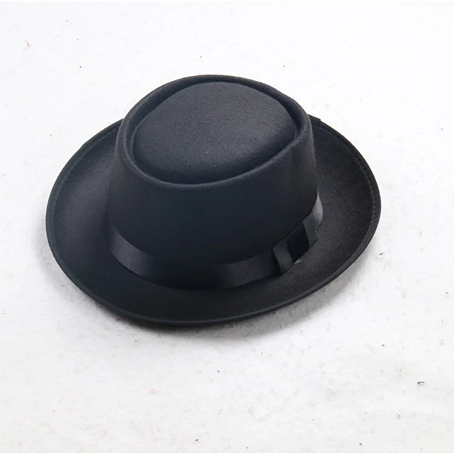 Father uses simple faux wool men's black gentleman flat top bowler hat concave top head wearing jazz hat bucket hat woman cap 2