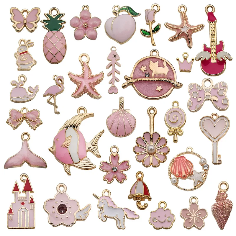31Pcs Alloy Enamel Charms Mixed Styles Flowers Fruit Animals Pendants for Keychain Jewelry Making Accessories DIY Findings