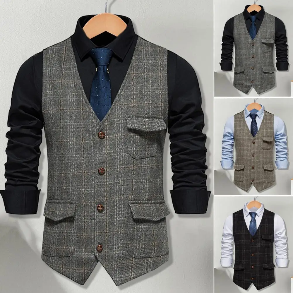 

Men Waistcoat Plaid Print Business Waistcoats for Men Sleek Slim-fit Vests with Single Breasted Design Pockets for Work Male