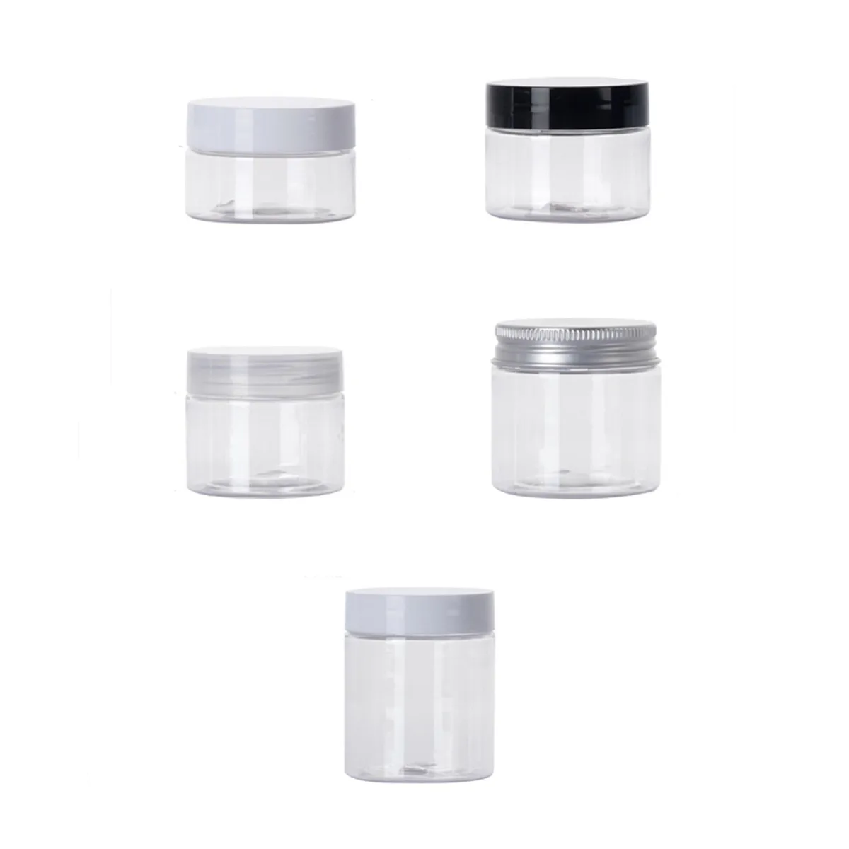 Barattolo rotondo in plastica PET da 1oz 30/50/60ml/80g con tappo a ve in plastica/alluminio, flacone per campioni, confezione cosmetica