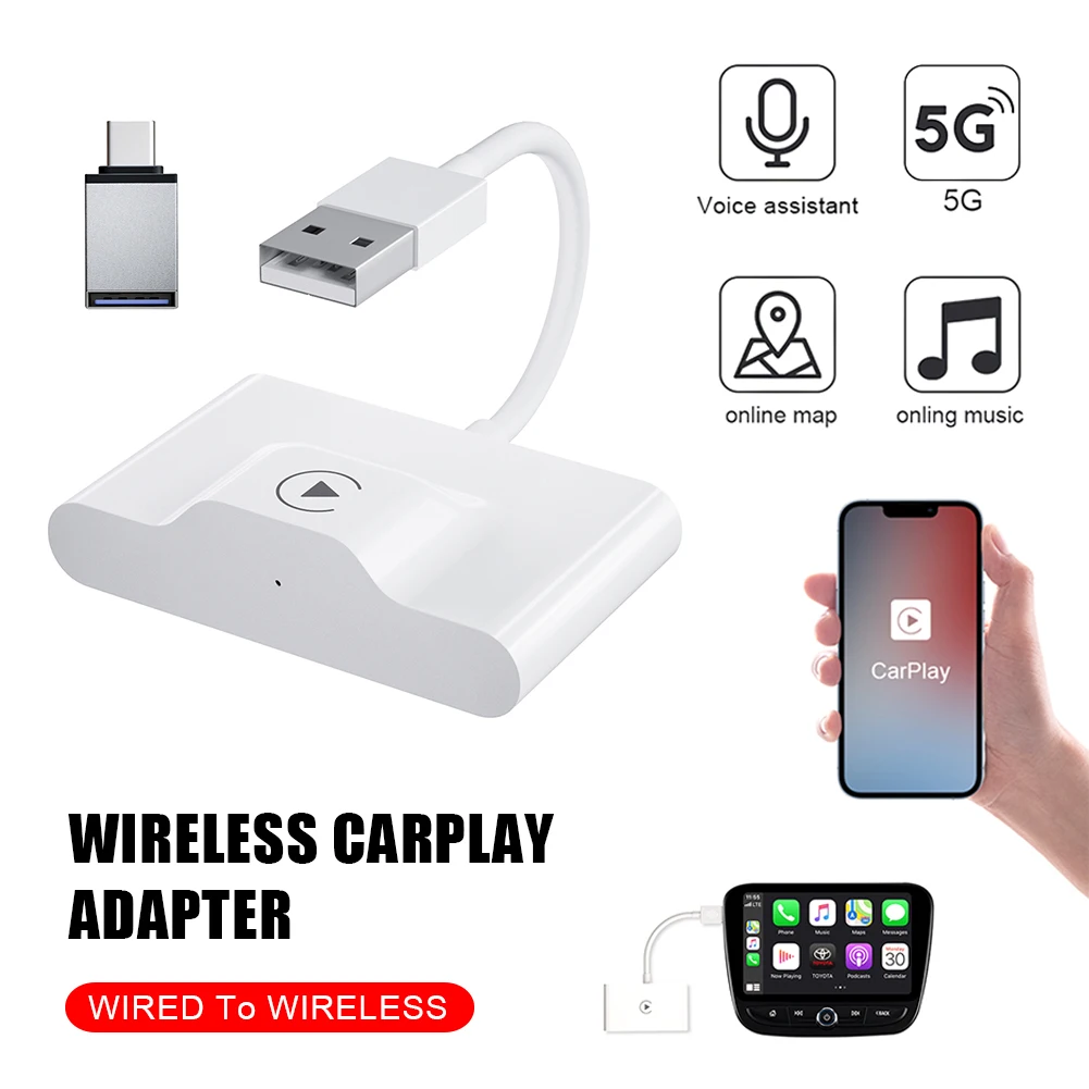 

Wireless CarPlay Adapter Plug and Play Wired to Wireless Dongle for iPhone Apple CarPlay 2.4G&5G WiFi Auto Pairing OTA Upgrade