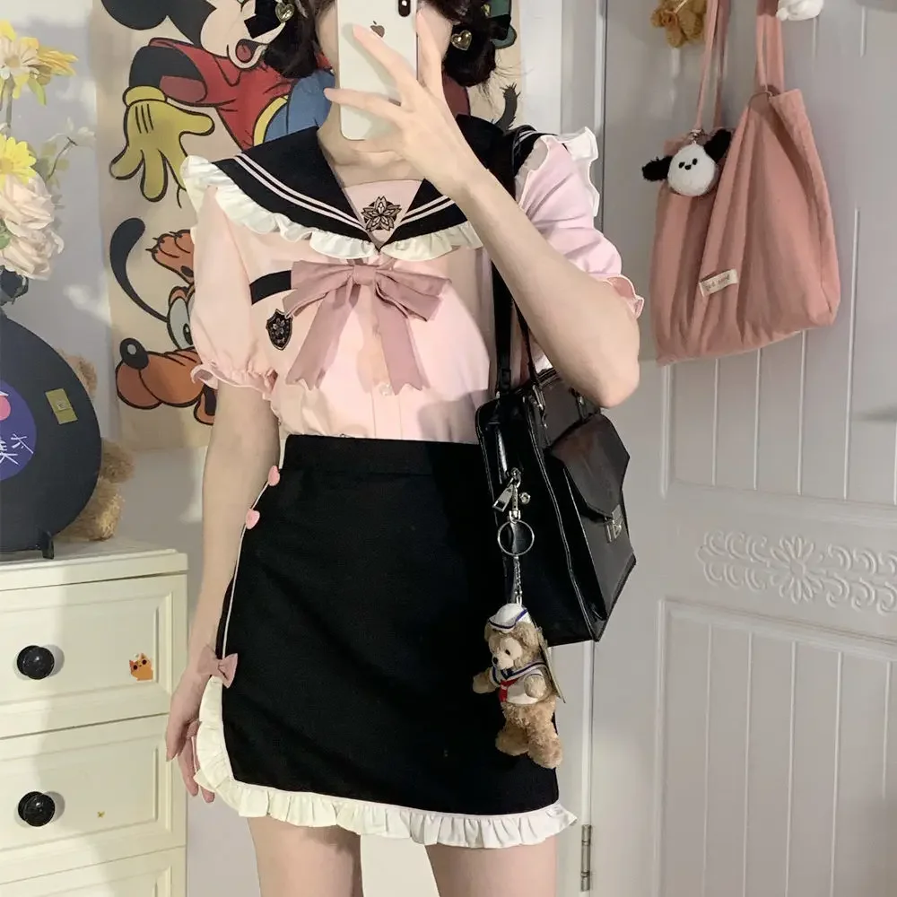 

Japanese Korean college style pink jk uniform sailor suit with slim waist and hip-hugging girls' school uniform cosplay uniform