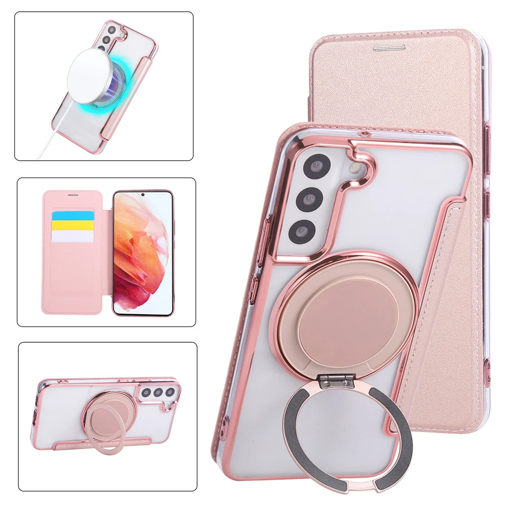 Leather Slot Card Wallet with Rotating Stand and Magnetic Phone Case - Magsafe-Compatible Transparent Cover