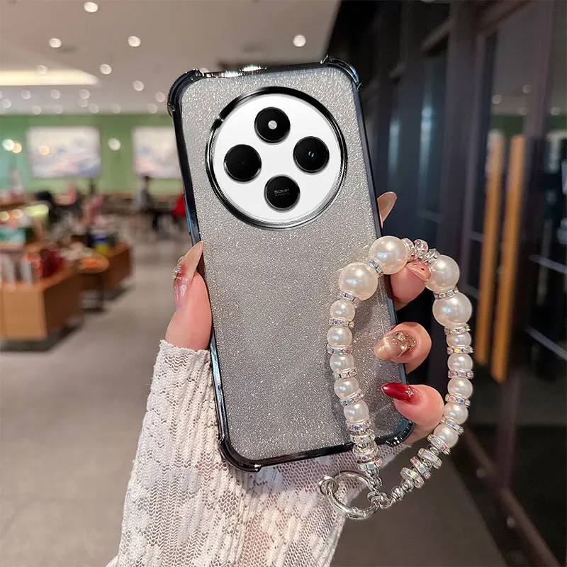 Gradient Glitter Shockproof TPU Phone Case with Luxury Pearl Chain Wrist Strap