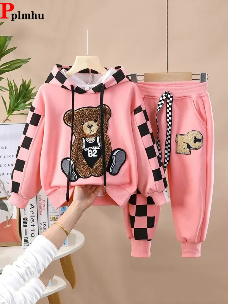

Hooded Girls Sweatshirt 2 Piece Set Bear Print Long Sleeve Tops + Kids Casual Jogger Pants Outfit Children New Spliced Ensemble