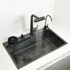 Kitchen Sink honeycomb anti-scratch nano technology left drain Above Mount Washing Basin Stainless Steel sinks waterfall faucet 4