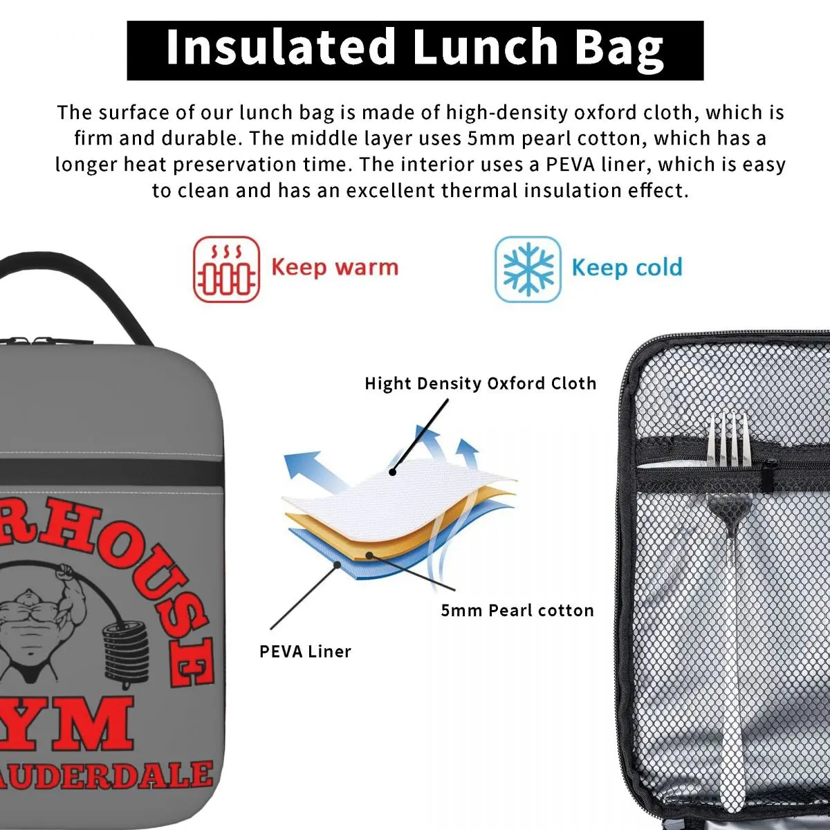 Powerhouse Gym Insulated Lunch Tote Bag for Women Fitness Building Muscle Portable Thermal Cooler Food Lunch Box Travel
