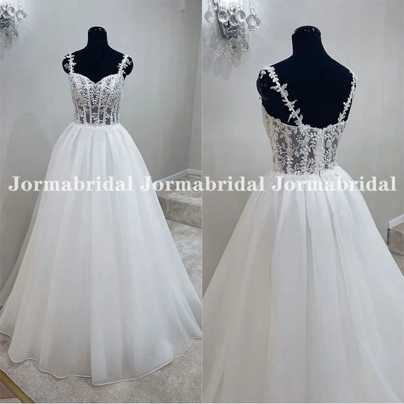 

ТРАПЕЦИЕВИДНОЕ свадебное платье принцессы с изящными кружевами на тонких бретельках с сердечком, эффектные свадебные платья