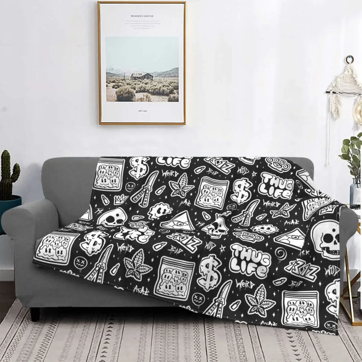 

Thug Life Weed Skull Street Graffiti Style Flannel Blanket Custom Throw Blanket for Sofa Bedding Lounge 125*100cm