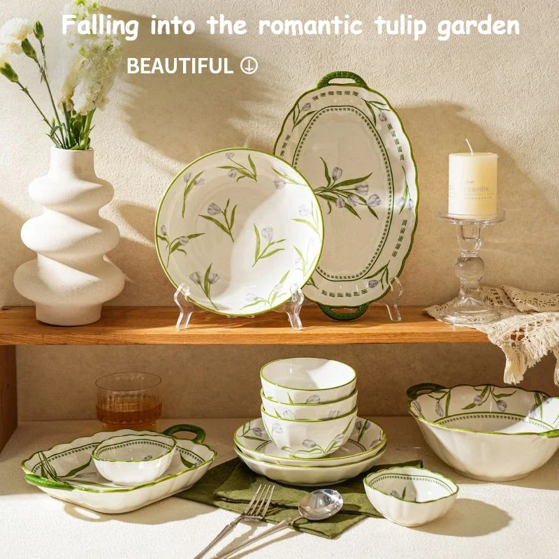 Light Purple Tulip Ceramic Tableware,Household Underglaze Color Dish Set,Romantic Color Kitchen Utensils,Safe Craftsmanship