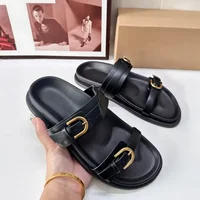 2024 Summer Beach Slippers for Woman Casual Outdoor Black Buckled Strap Female Flat Shoes Soft PU Leather Chic Ladies Slides - Image 2