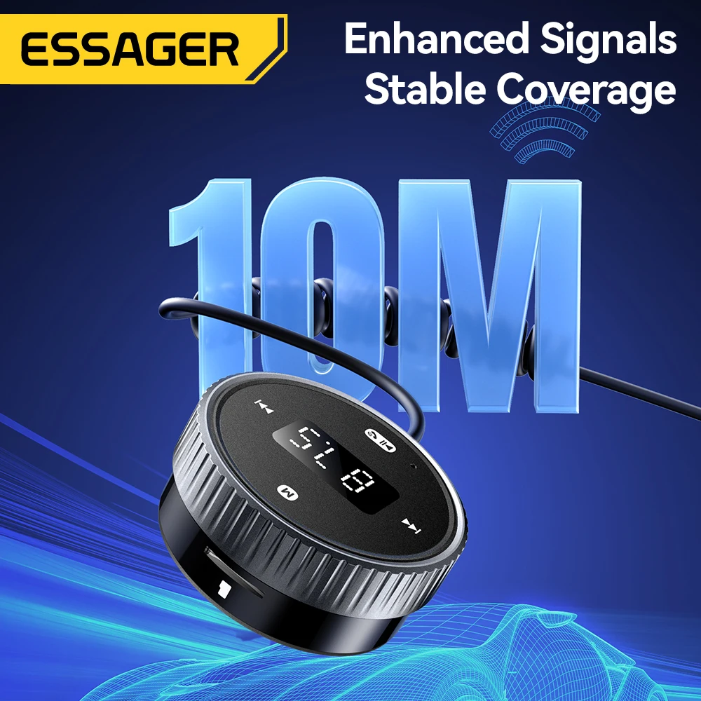Essager Car Bluetooth 5.3 FM Transmitter Built-in Mic Handsfree LED Display 3.5mm AUX Adapter MP3 Music Player With TF Card Slot