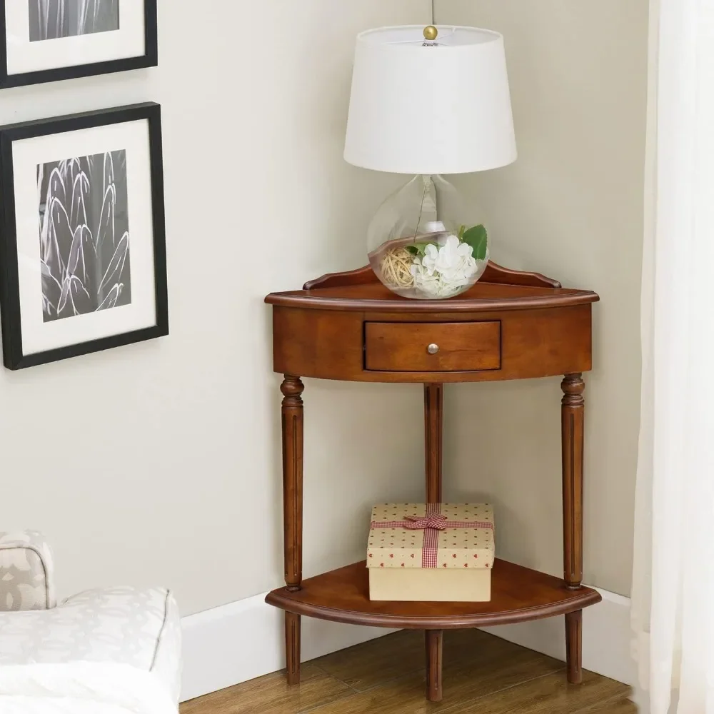 

One Corner Accent Table With Drawer and Lower Display Shelf Pecan Freight Free