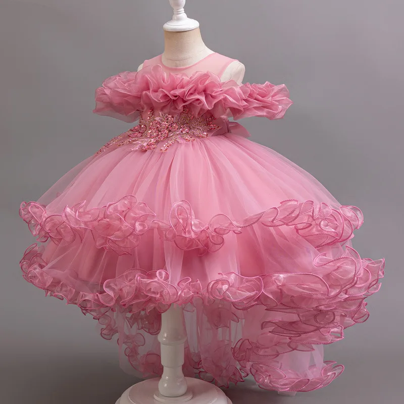 New Soft Gauze Decal Sleeveless Solid Color Trailing Fluffy Skirt for Girls Wedding Flower Girl New Year's Sweet and Cute Dress - Image 5