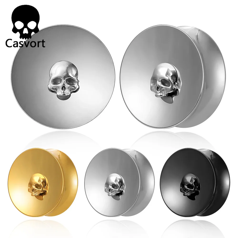 Casvort2PCSEarGaugesTunnelsRoundSkullEarPlugs316Stainless