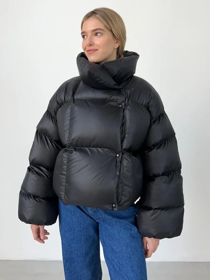 

2023 Winter Women's Cotton Coats Fashion Streetwear Stand Collar Single Breasted Warm Quilted Jackets Hooded Thick Parkas Black