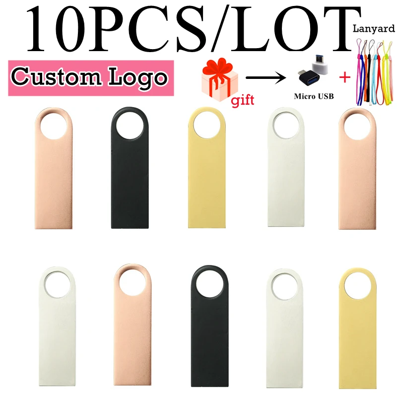 10PCS/LOT Custom Logo USB Flash Drives 2.0 Mini Usb Metal Pen Key Disk Pendrives Flash Card Memory Stick 8GB/4GB/16GB/32GB