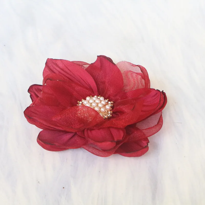 5pcs 9cm Chiffon Organza Stoff Rose Blume mit Strass Mitte Hochzeits kleid Rock Home Hut Dekoration DIY Haarschmuck – Detail 6