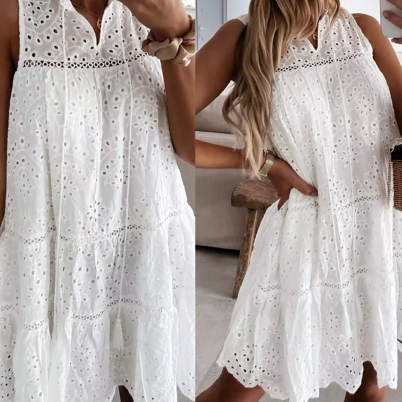

Women Summer Sleeveless Drawstring V-Neck Mini Swing Dress Hollow Out Floral Lace Pleated Ruffle Hem Casual Loose Flowy Sundress