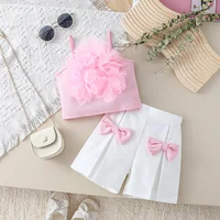 Children Clothing Summer Girl’s Pink Outfit Sets Lace Mesh Flower Vest & shorts Pants Kids Clothes Girl’s Elegant Sets For 1-6Y