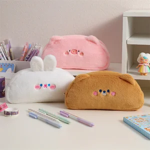 Cartoon Cute Plush Pencil Bag Kawaii Rabbit Bear Stationery Storage Bag Large Capacity Makeup Bag Portable Cosmetic Organizer