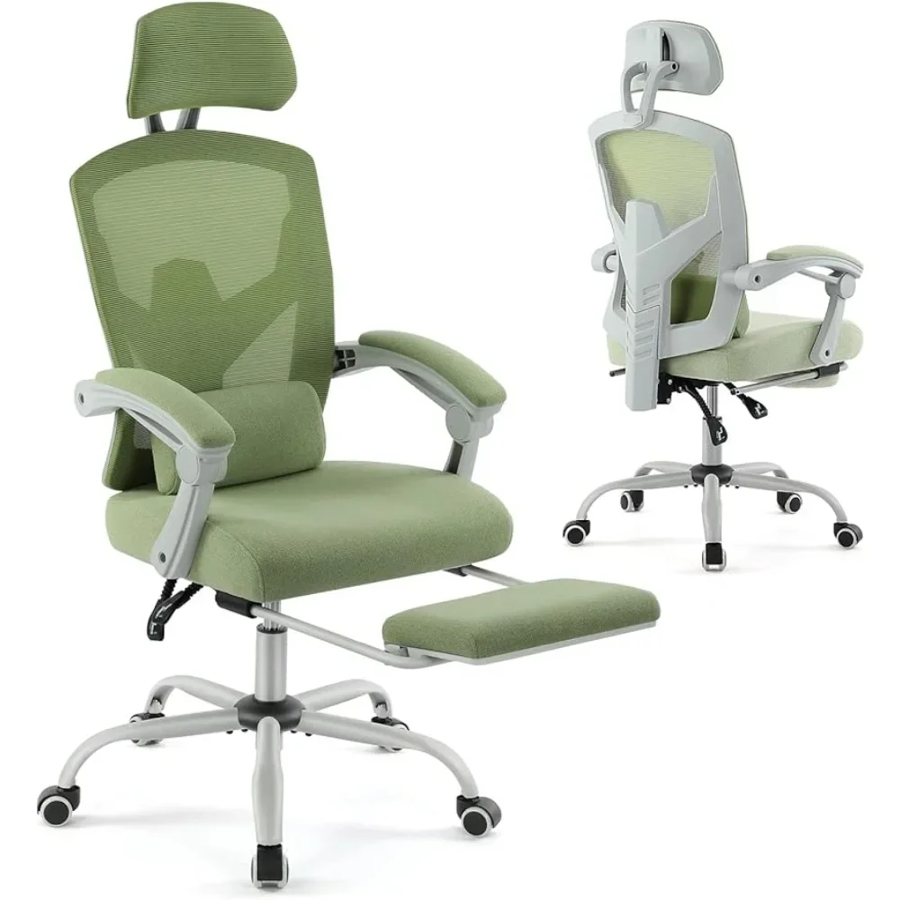 Gaming Ergonomic Foot Rest Reclining, High Back Mesh Home Office Computer Desk Chair with Wheels, Adjustable Headrest, Green