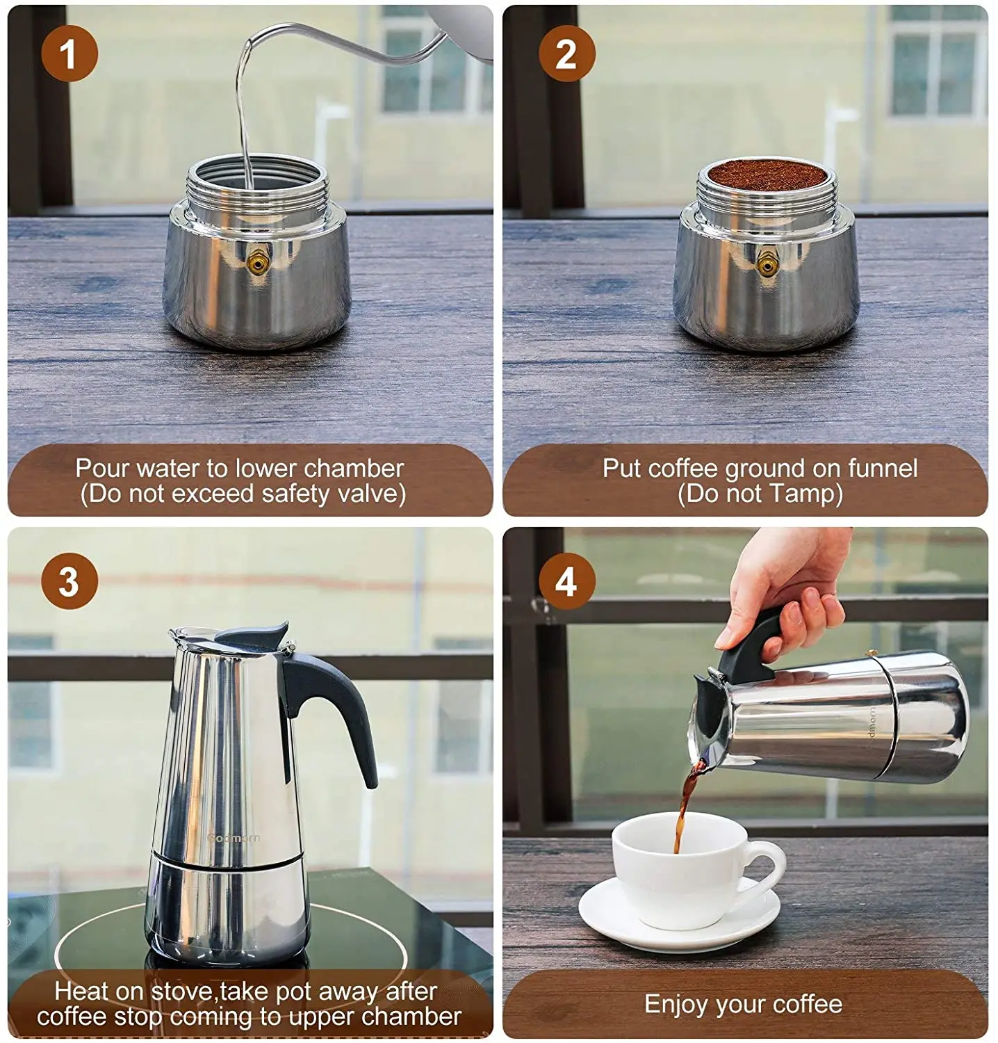 Italian Espresso Coffee Maker Stovetop Moka Pot Stainless Steel with Coffee Percolator Design Camping Home Coffeeware
