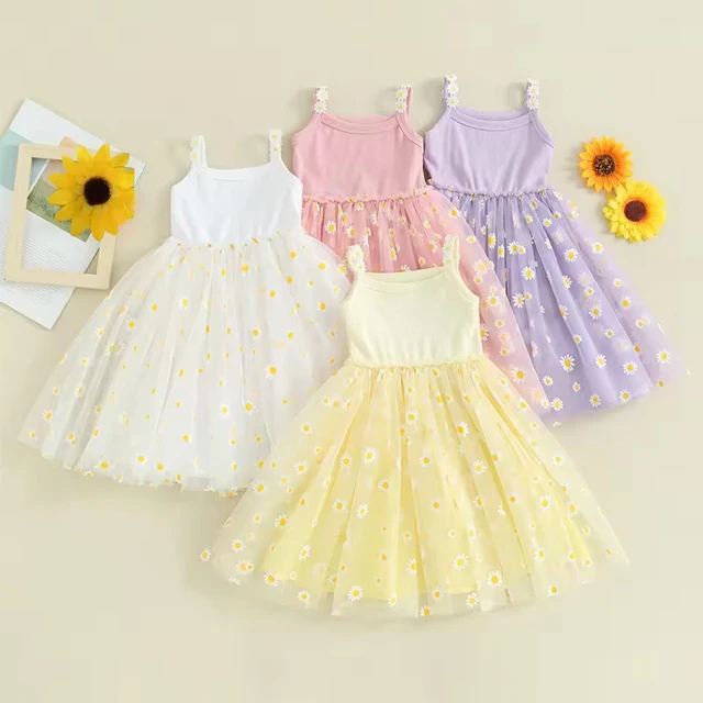 Robe d'été coréenne pour filles de 0 à 6 ans, jolie robe à bretelles en maille à motif marguerite pour bébés et enfants, idéale pour la plage et les vacances 1