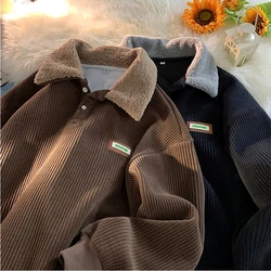 Hip Hop Harajuku Corduroy POLO Collar Oversized Sweatshirt Preppy Streetwear Loose Pullover Thick Velvet Winter Clothes Couples