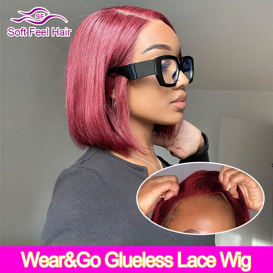 99J Burgundy Short Bob Wig Glueless Human Hair Wig  Wear To Go Pre Cut 4x6 HD Lace Closure Wig For Women 4X4 BOB Wig 180%Density