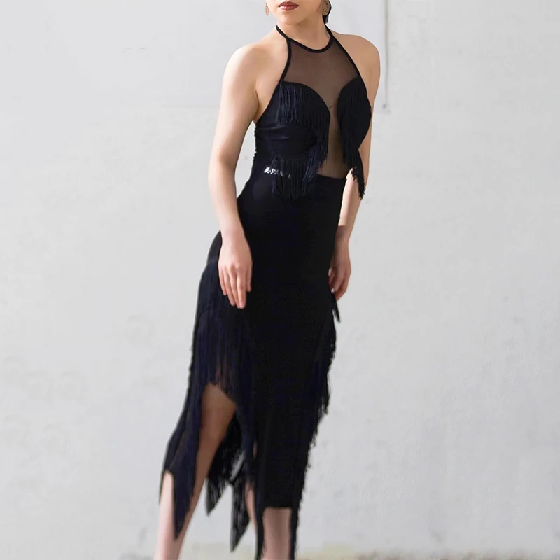 

Sexy Latin Dance Competition Dress Women Black Fringe Suit Tops Skirt Rumba Ballroom Dance Dress Adult Latin Costume DNV17049