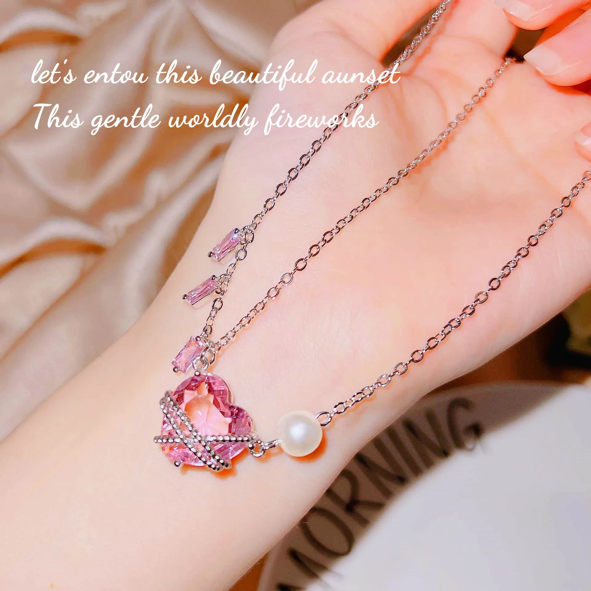 

Romantic Sweet Silver Color Jewelry For Ladies Heart Shape Pink Crystal Pearl Necklaces Women's Summer Dress Accessories 2022