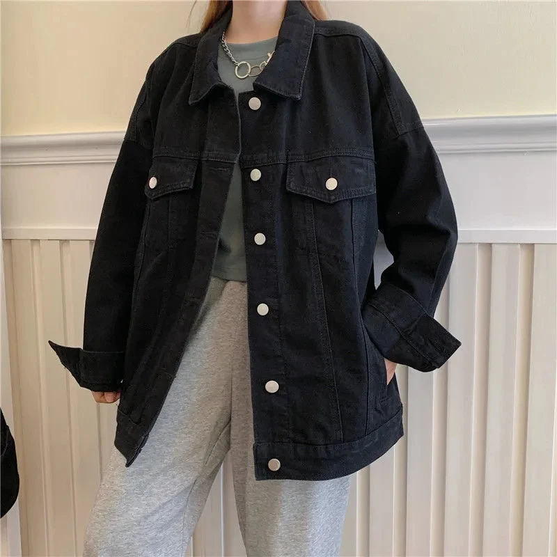 

HOUZHOU Black Vintage Women's Denim Jacket Oversize Korean Fashion Streetwear Jean Jackets Loose Coats Gothic Style Aesthetic