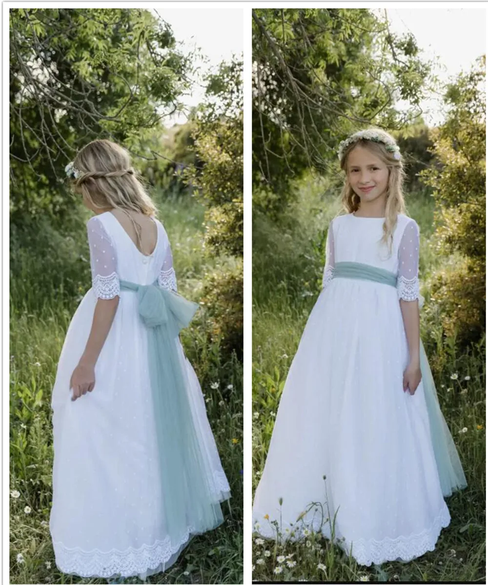 Half Sleeve White Holy First Communion Dress Long Lace Appliques Flower Girl Dress Child Wedding Birthday Princess Prom Vestidos