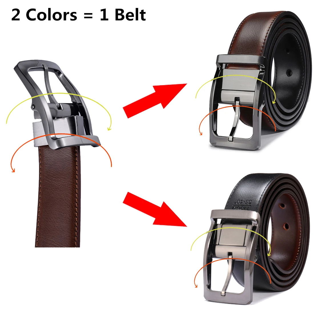 Mens Reversible Leather Belt, Dress Casual Belts for Men, One Belt Reverse  For 2 Sides