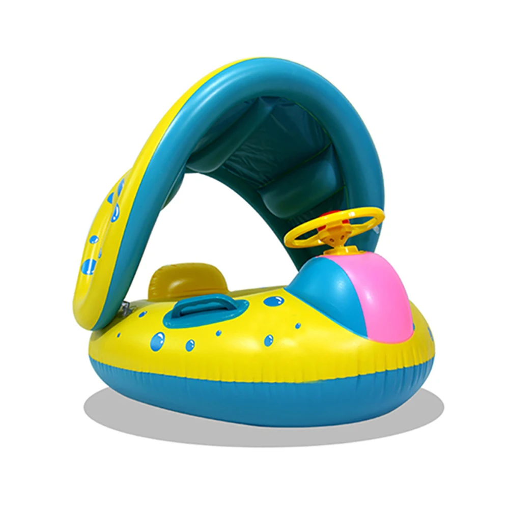 1pc Yellow Sunshade Seat Ring With Steering Wheel Swimming Pool Inflatable Floating Baby Seat