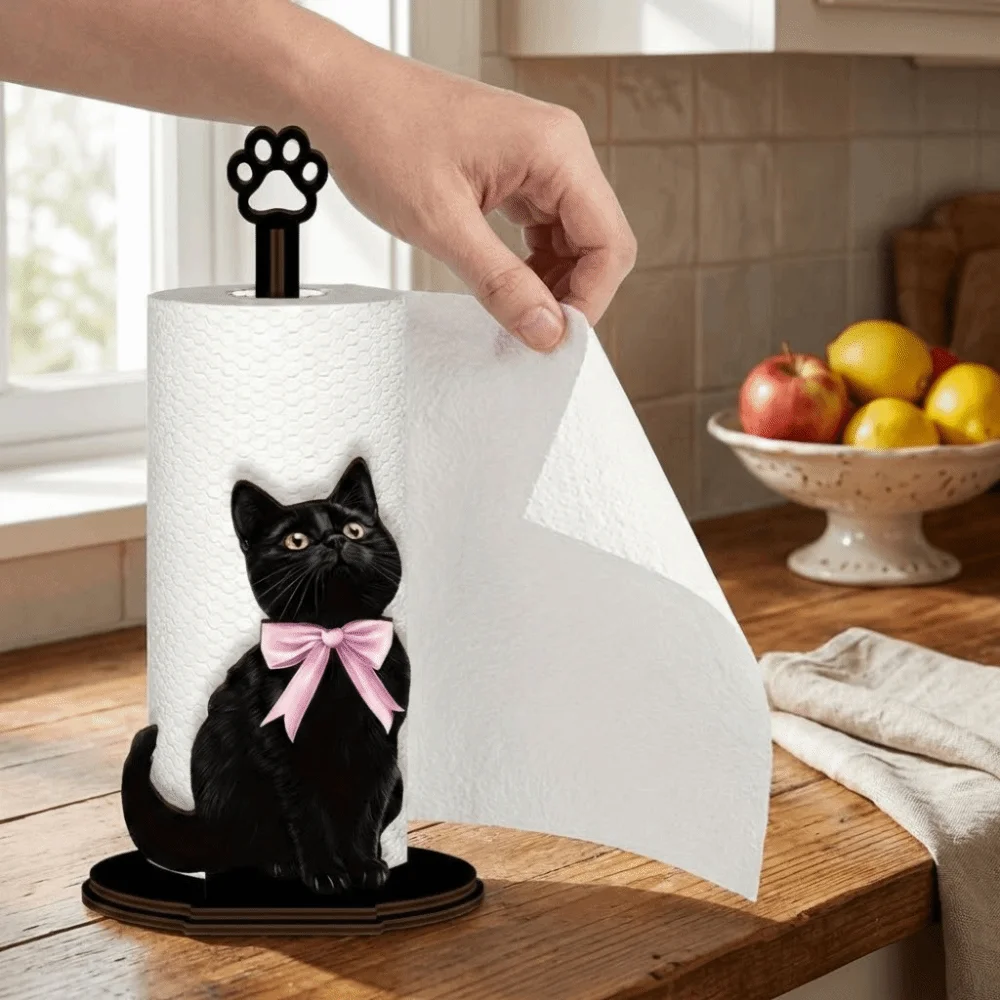 Wooden Base Black Cat Tissue Holder Desktop Decoration Cartoon Roll Paper Standing Rack Cute Food Wrap Storage Rack Bathroom 2