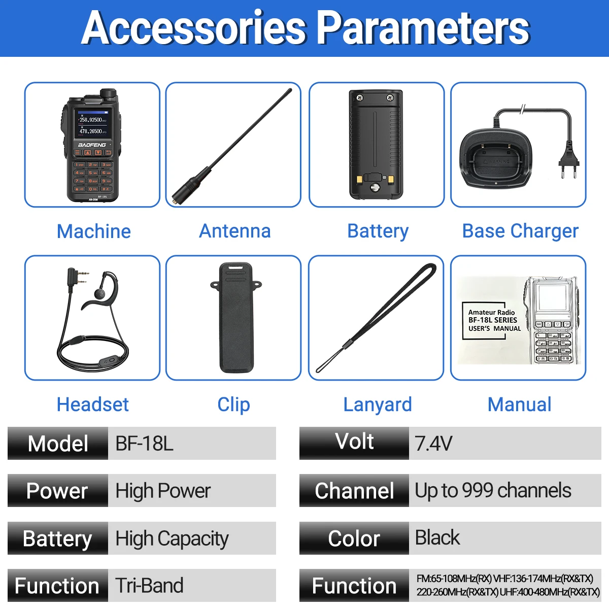 Baofeng BF-18L Walkie Talkie Tri Band Wireless Copy Frequency 999CH NOAA Long Range Type-C VHF UHF Portable Ham Two Way Radio 6