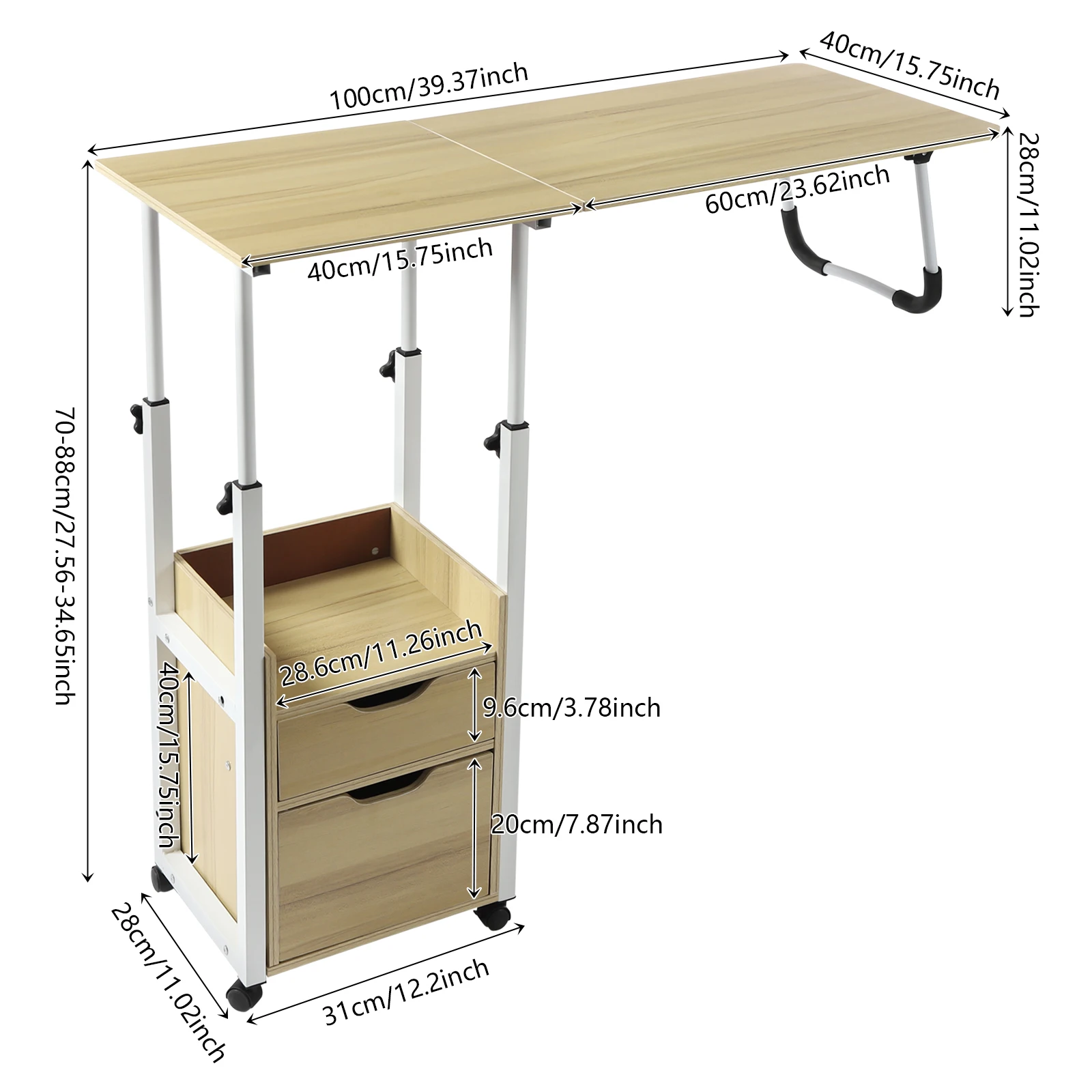 Überbett-Tisch mit 4 Universalrädern, Multifunktionaler Beweglicher Nachttisch, 70-88cm Höhenverstellbarer Überbett-Schreibtisch – Detail 3