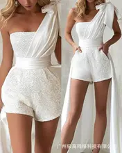

Sexy Sequin Single Shoulder Lace Up Jumpsuits Dress Women 2022 Spring Autumn New Lady Elegant Wedding Party Trousers