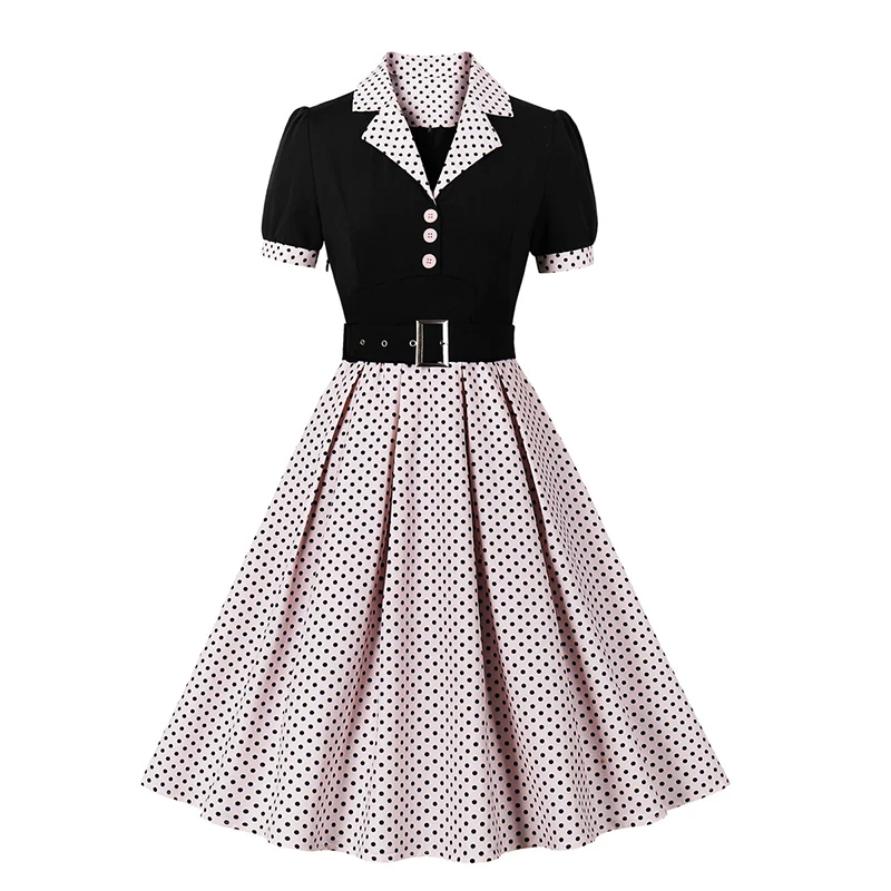 

2023 Summer Fashion Women Short sleeve Polka dot printed A Line Vintage retro 50s 60s Rockabilly pin up skater swing dress