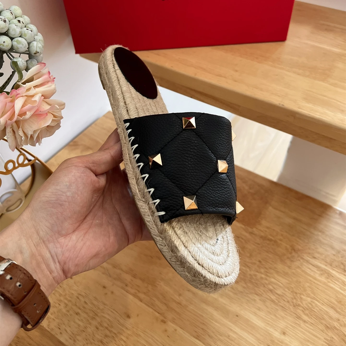 

Women Summer Slippers Genuine Leather Slippers Rivet Espadrilles Flat Platform Summer Slides New Fashion Shoes Zapatillas Mujer