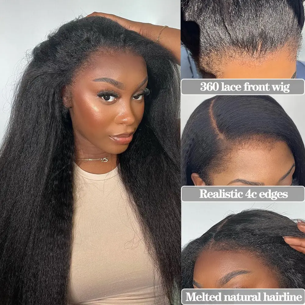4C Kinky Edges Invisible Strap 360 Glueless Wigs Human Hair Kinky Straight 360 HD Lace Frontal Wig with Curly Baby Hair All