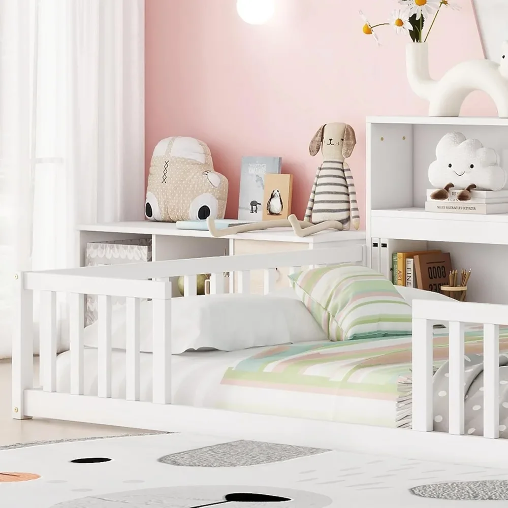 Kids Montessori Floor Bed, Full Size Floor Bed with Bookcase and Shelves, Full Bed Frame with Guardrails for Kids, Girls, Boys 6