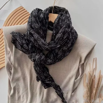 VREOVOR Nuova Sciarpa Pieghettata Retro in Cotone e Lino Sensazione Twist Semplice Lungo Baotou Scialle Versatile Floreale da Donna Autunno e Inverno 1
