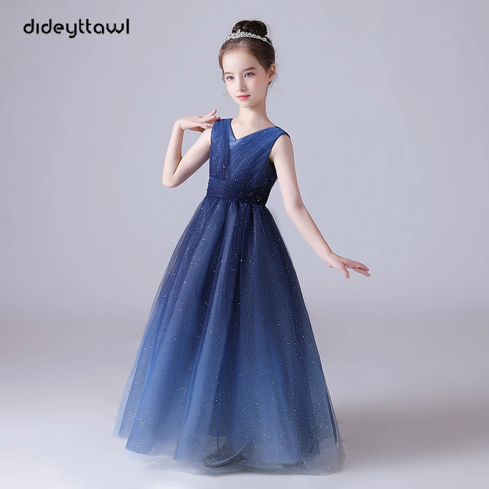 

Dideyttawl Gradient Pleat Tulle Girls Formal Ball Gowns Long 2024 Junior Bridesmaid Flower Girl Dresses For Wedding Evening