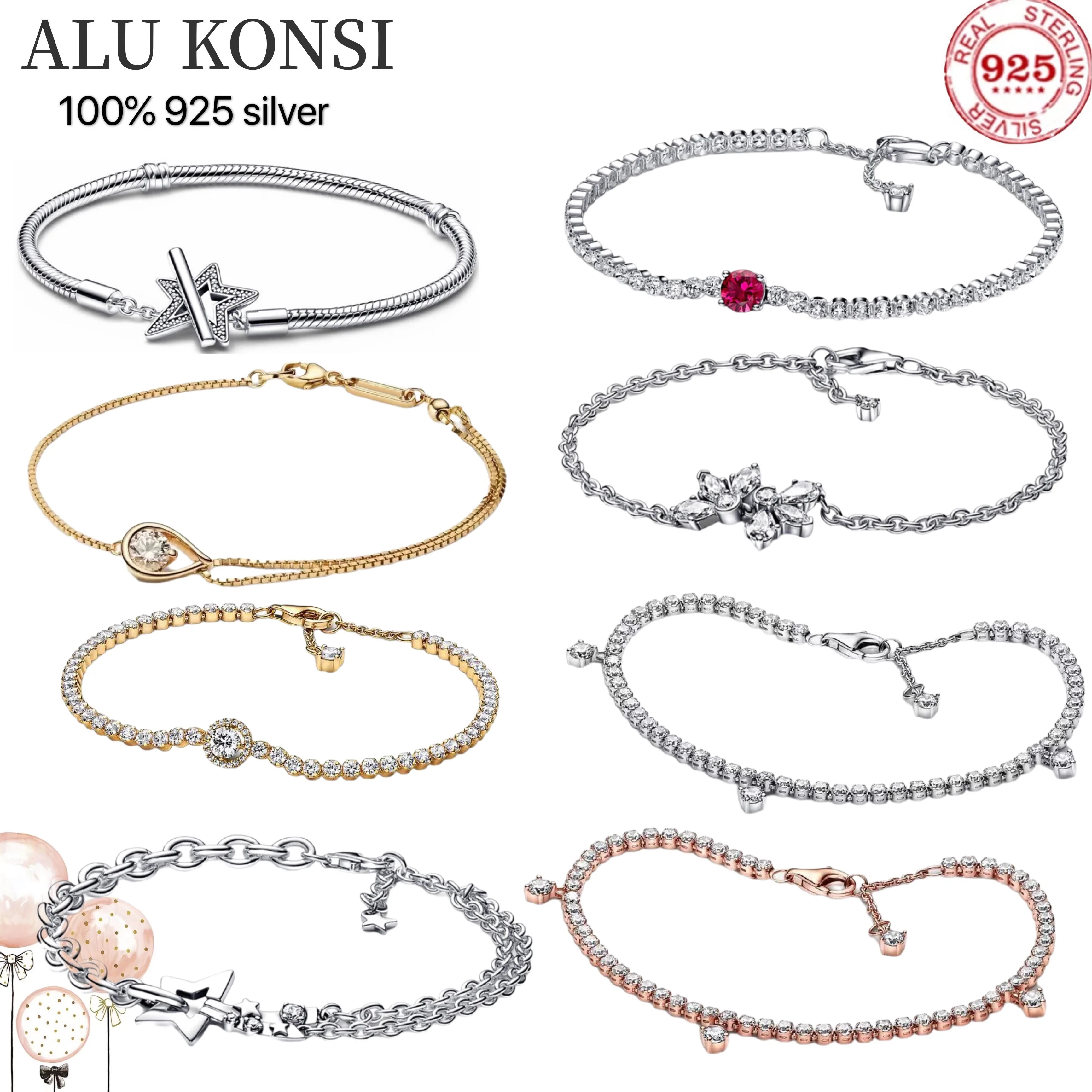 

NEW Fit Original luxury 925 Sterling Silver pan bracelet love heart Snake Chain Charms Bangle For Women DIY high quality Jewelry