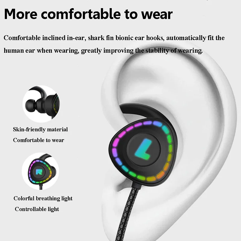 Professional Wired Gaming Headset Type-C Curved Plug RGB Light In-Ear Music Earphones with Dual Microphone Comfortable to Wear