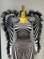Women Long Sleeve Zebra Stripes Bodycon Jumpsuit Two Piece Set Birthday Party Nightclub Stage Performance Halloween Rompers - Image 5